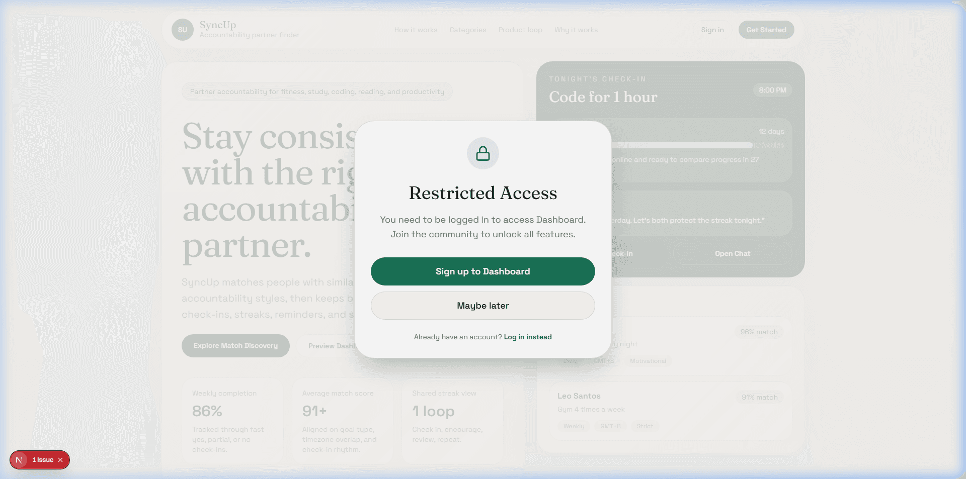 SyncUp authentication modal