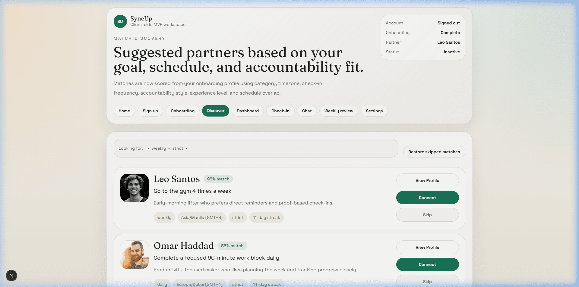 SyncUp partner discovery feed