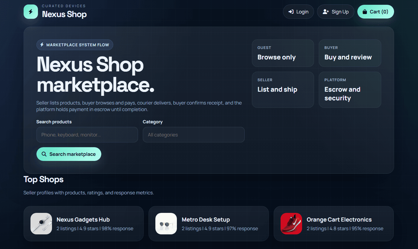 Nexus Shop marketplace landing page