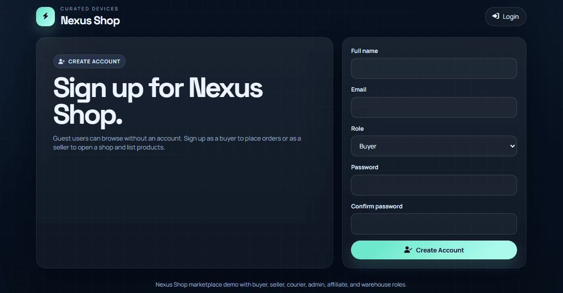 Nexus Shop account sign up page