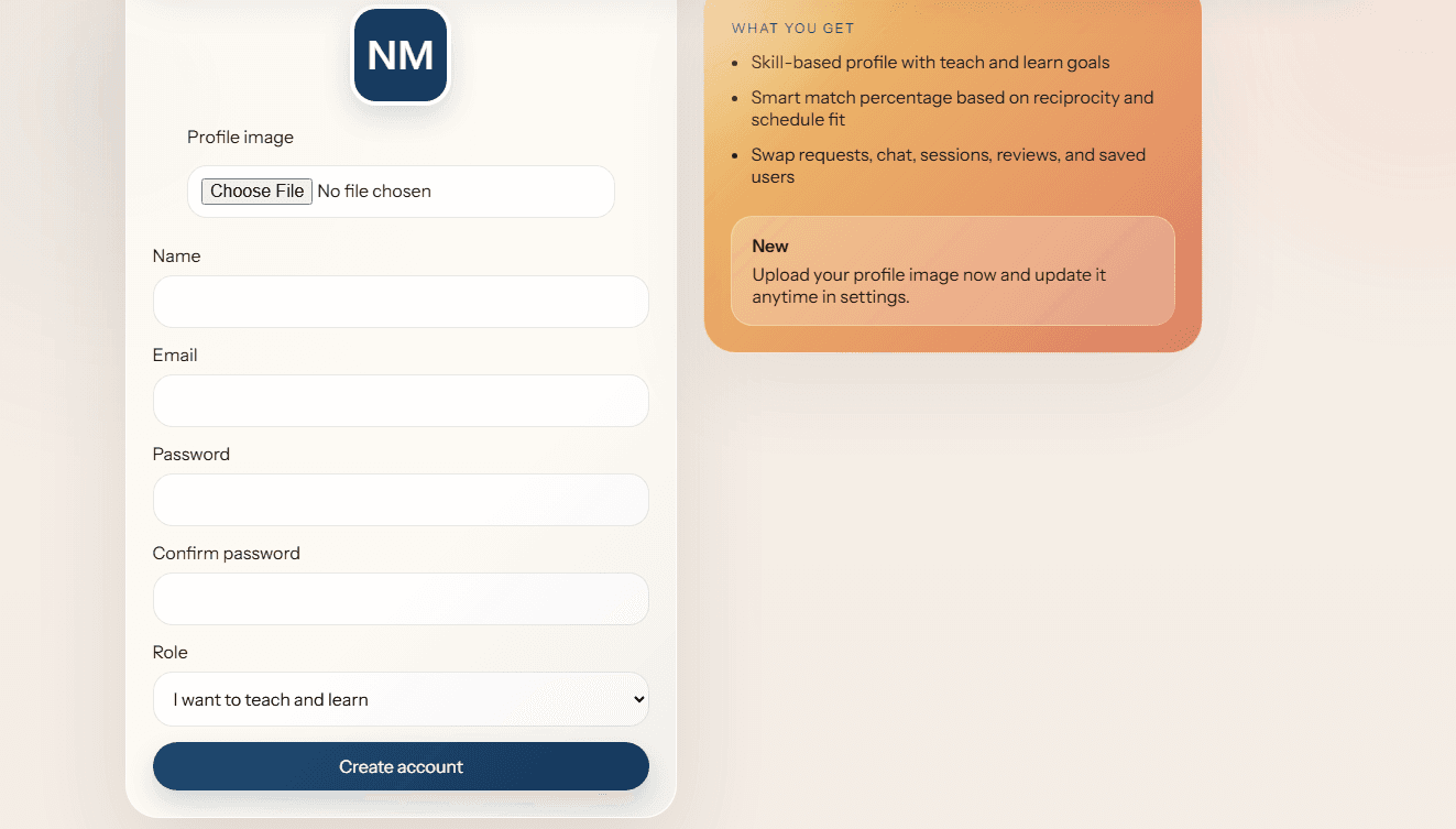 Skill Swap Platform sign up page